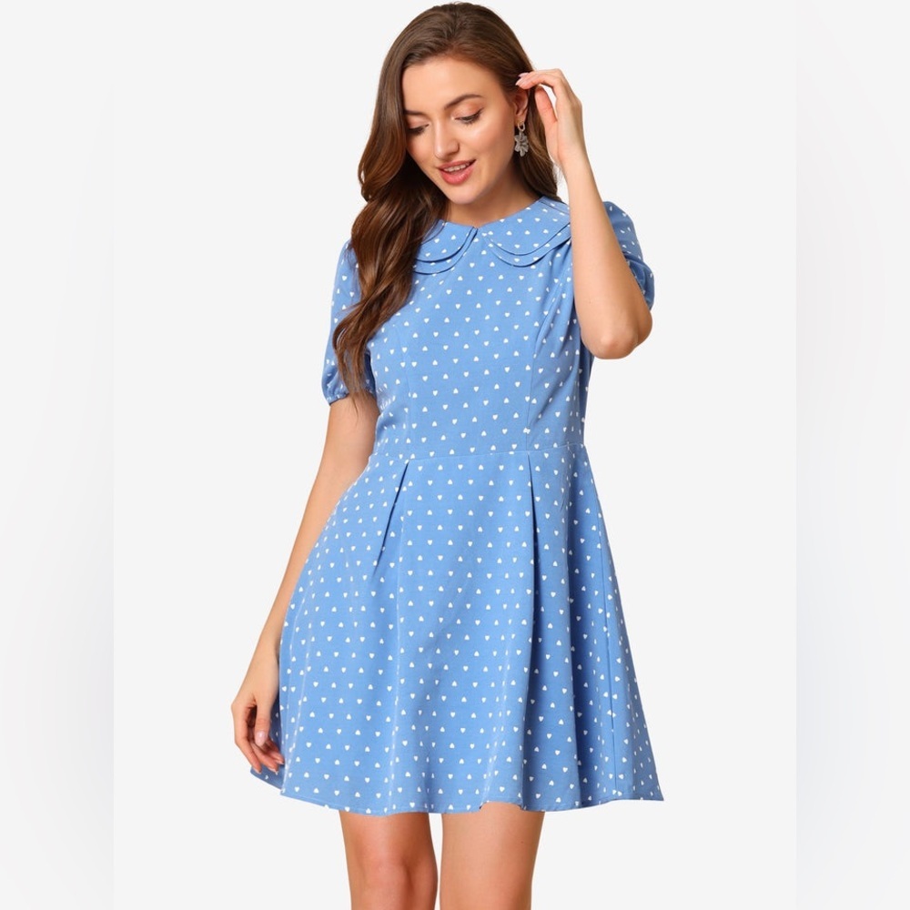 NWT Allegra K Heart Print Short Sleeve A-Line Peter Pan Collar Mini Dress Blue